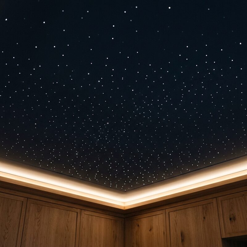 Sternenhimmel-Decke mit blauem LED-Cove im Wohnzimmer — Designer-Decken von VI-Works im Rhein-Main-Gebiet